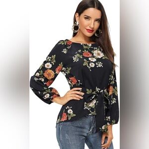 Women’s Blue Floral Blouse Waist Tie and Elastic Wrist Feminine Fairy Career‎